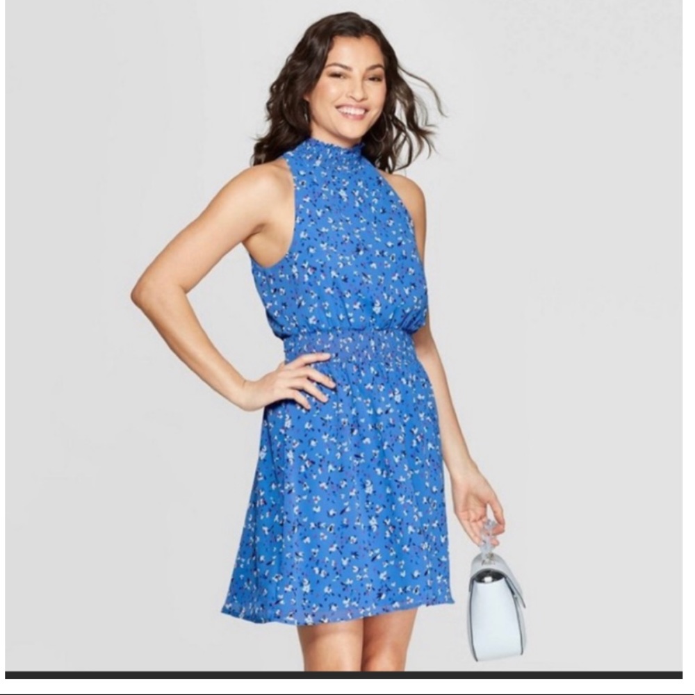 A New Day Mock Neck Gathered Waist Mini Dress